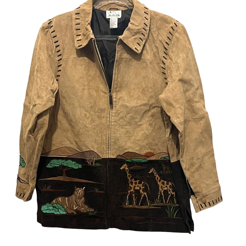 The Quacker Factory Suede Jacket Women Size L Safari Elephant Giraffe Barn Style